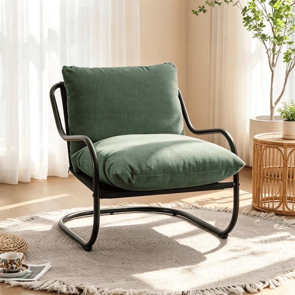 Ergonomic Low Profile Accent Armchair, Heavy-Duty Metal Frame Upholstered Reading Side Chair, Space-Saving for Living Room Bedroom Office, Green