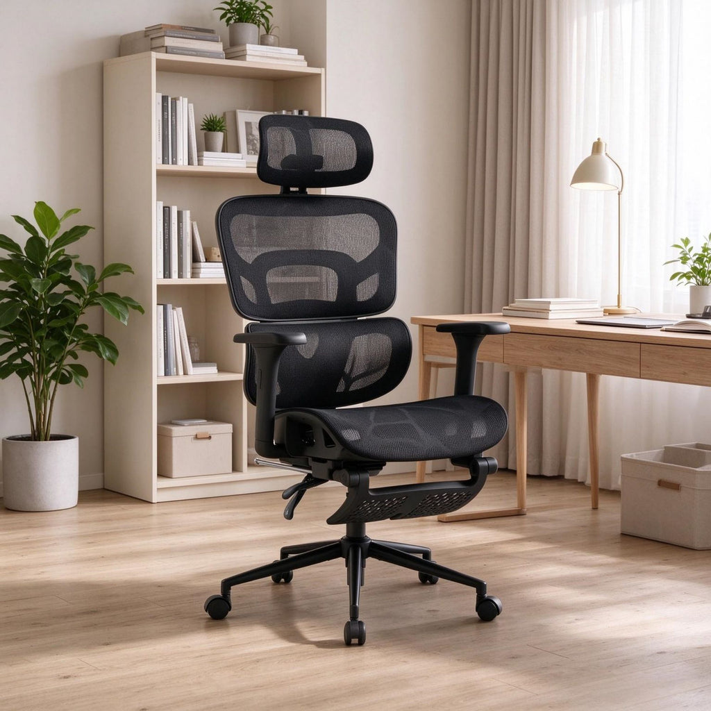 Ergonomic Mesh Office Chair with Lumbar Support, 2D Headrest & Retractable Footrest, Reclining Swivel Desk Chair for Home Office, Black