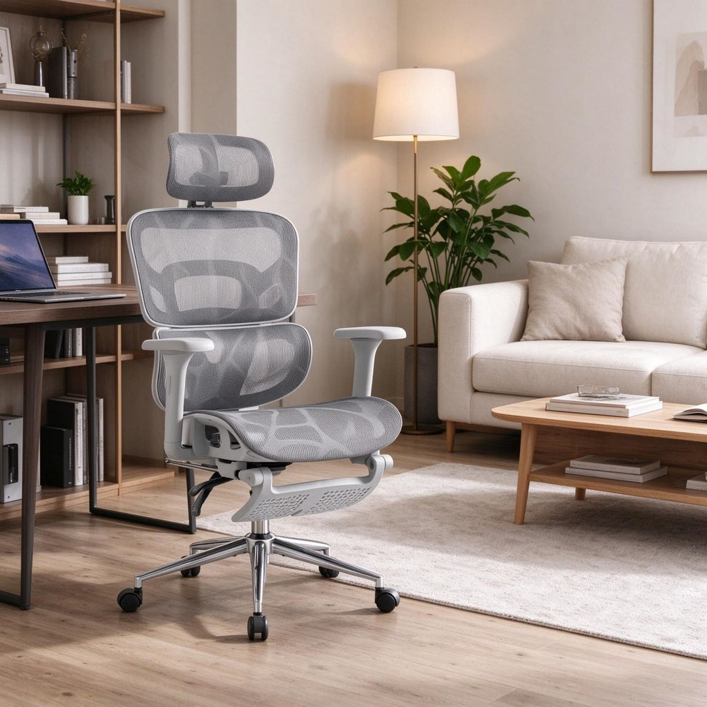 Ergonomic Mesh Office Chair with Lumbar Support, 2D Headrest & Retractable Footrest, Reclining Swivel Desk Chair for Home Office, Gray