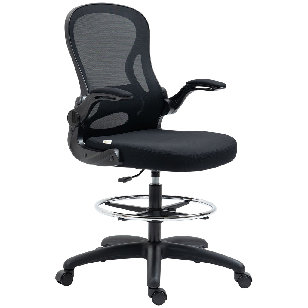 Ergonomic Mesh Standing Desk Chair with Flip-up Armrests, Lumbar Support, Armrests & Adjustable Footrest Ring, Black