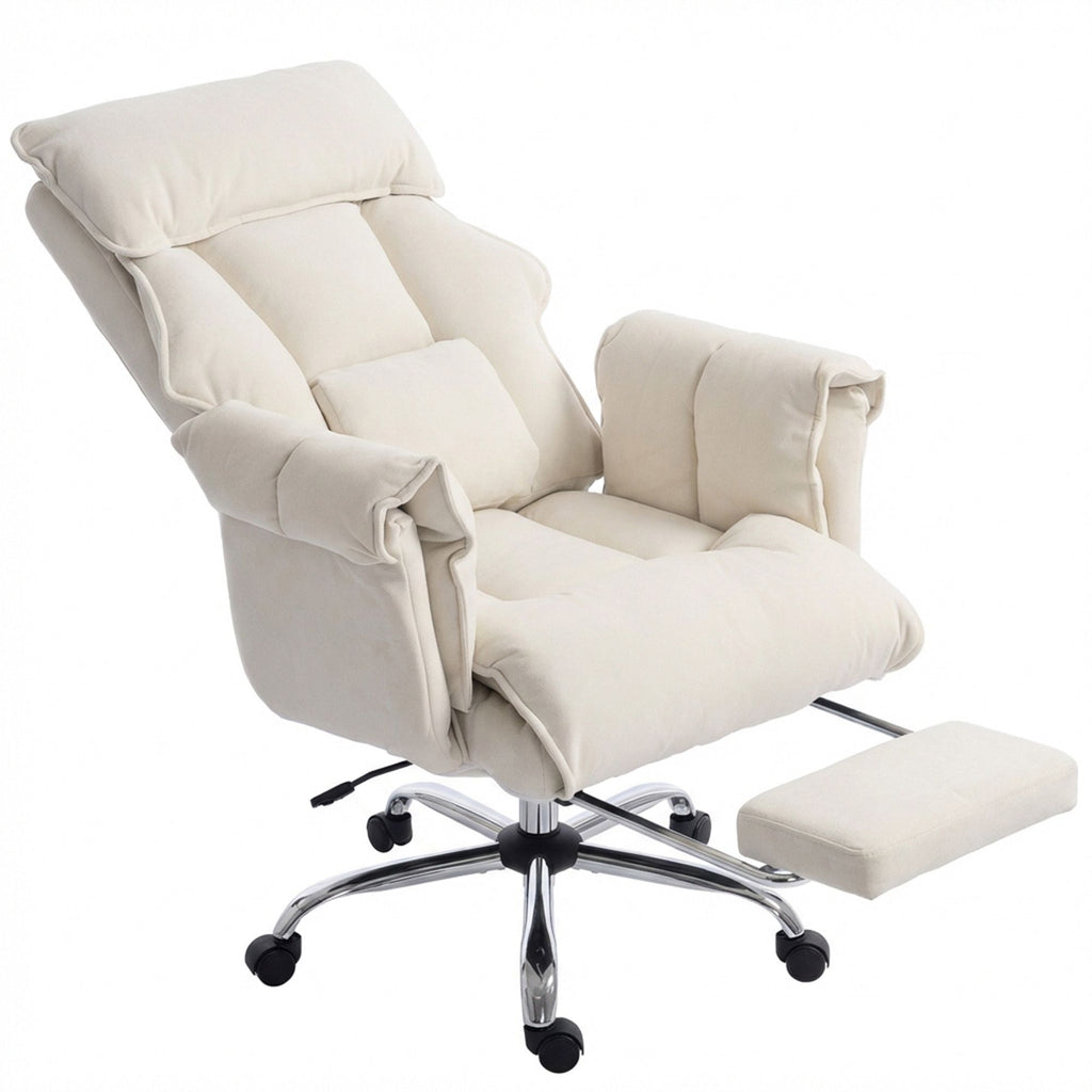 Executive Office Chair, Reclining Computer Chair with Footrest, High Back, Headrest, Adjustable Height, Cream White
