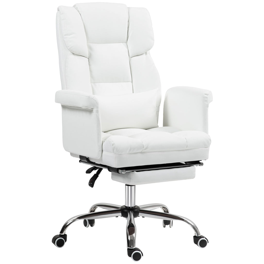 Executive Office Chair with Footrest and Lumbar Support, PU Leather Reclining Office Desk Chair, Ergonomic and Swivel, White