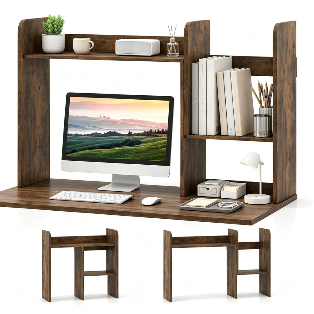 Expandable Desktop Bookshelf Organizer, 26"-38" Adjustable Length Countertop Storage Hutch with Anti-Toppling Design, Engineered Wood Desk Shelf for Office Home Decor - Rustic Brown