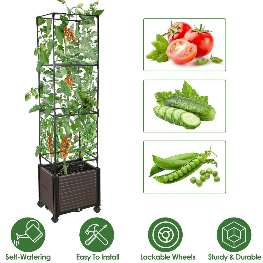 Expandable Rustproof Raised Garden Bed Planter - 62.99in Tall with Trellis, Automatic Water Drainage, 4 Lockable Wheels, Easy Assembly (No Screws), Perfect for Vines/Climbing Plants