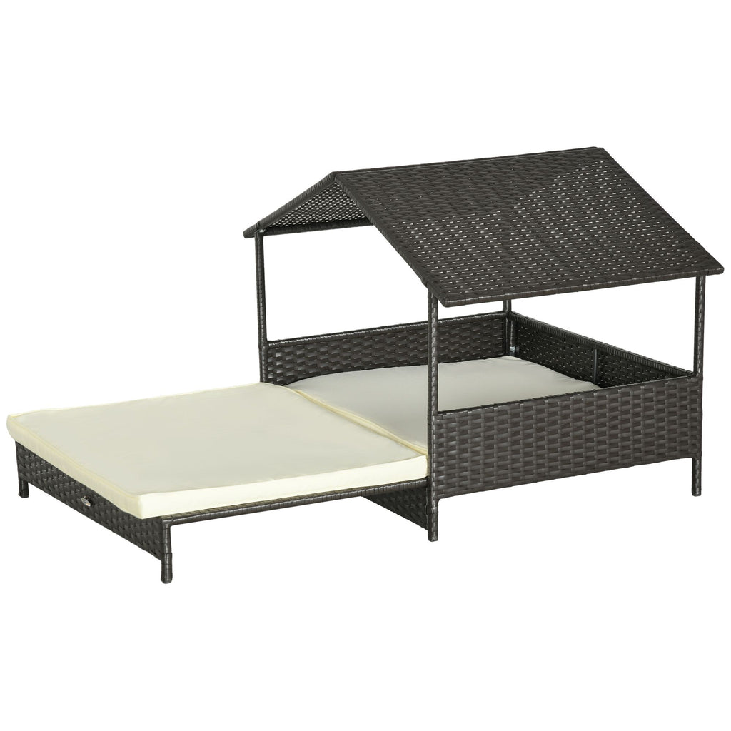 Extendable Wicker Outdoor Dog Bed with Waterproof Roof Soft Cushion Small Medium Dogs Cream White