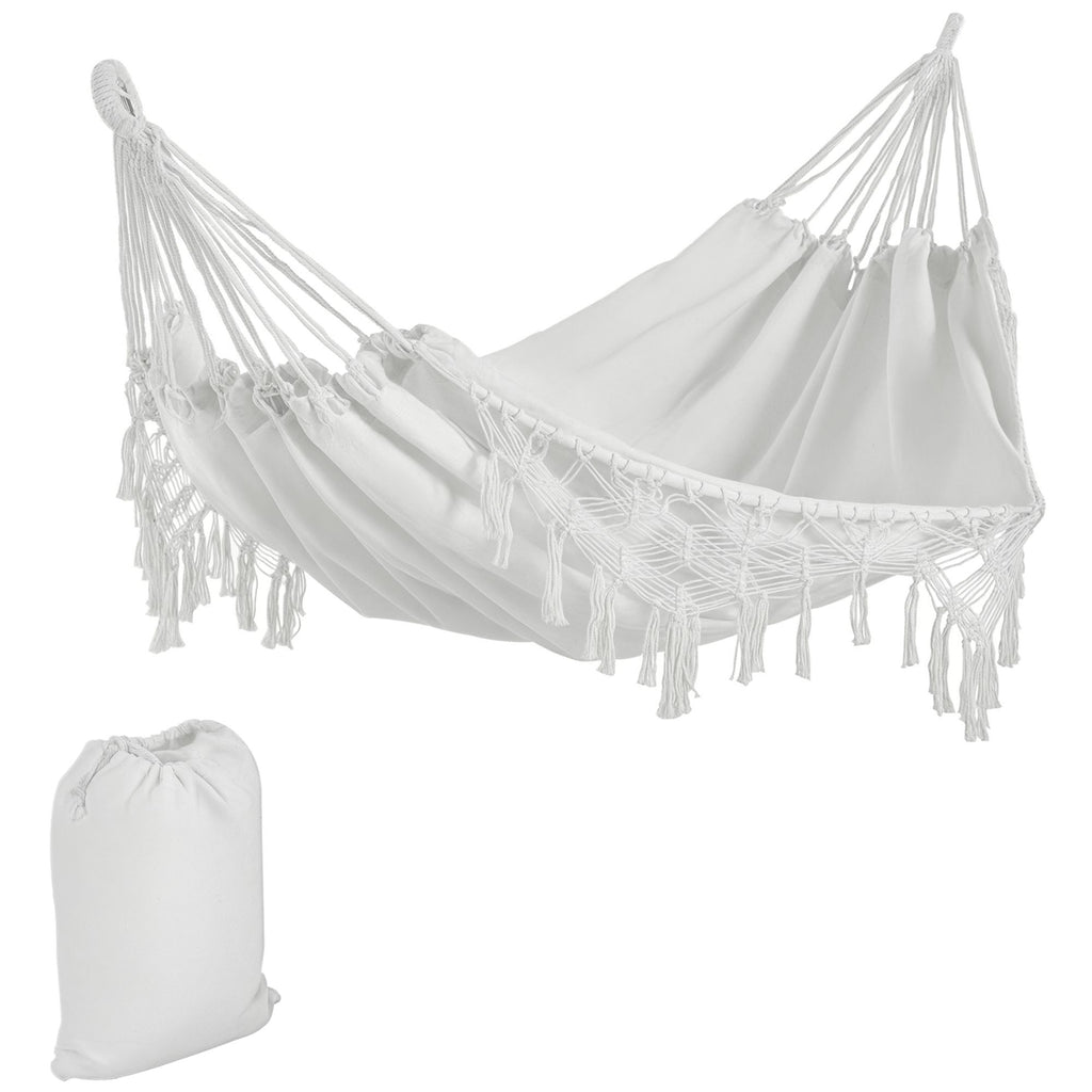 Extra Large Boho Hammock with Macrame Tassel Fringe, Includes Carrying Bag, Indoor Outdoor Tree Hammock for Porch, Backyard, Camping, White