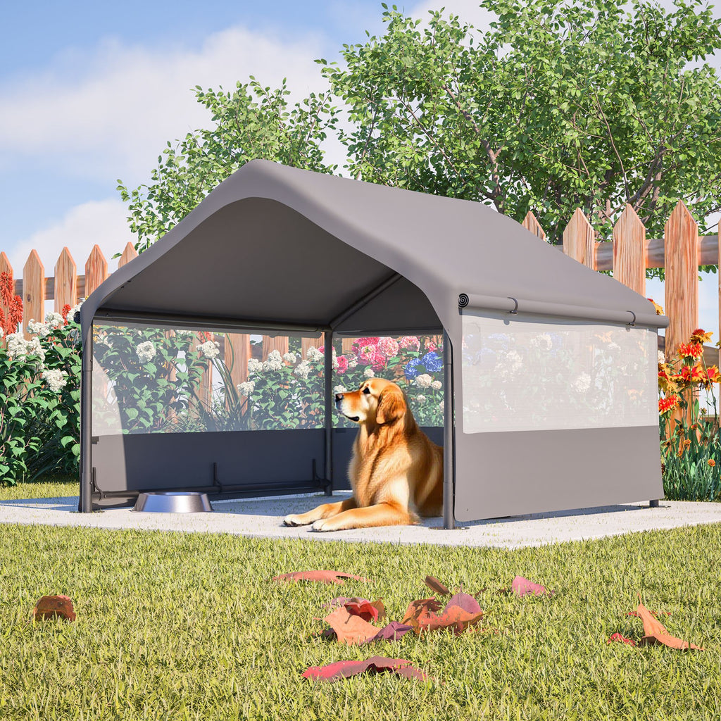 Extra Large Outdoor Dog House Tent with 3-Sided Mesh Windows, Breathable Sun Rain Cover Pet Shelter with Canopy and Ground Stakes for Dogs, Cats, Livestock – 4' x 4' x 3.3', Gray -Does not support sel