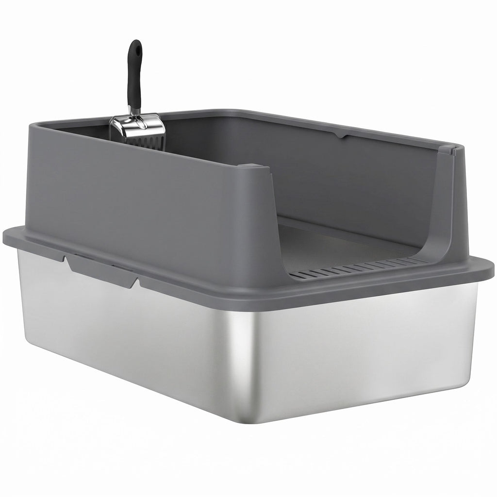 Extra Large Stainless Steel Cat Litter Box with Scoop & Pad, Anti-Urine Leakage, Easy Cleaning, Non-Sticky