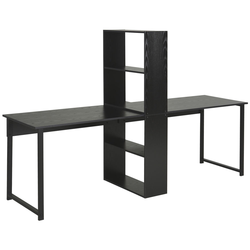 Extra Long 2-Person Desk with Bookshelf Black Home Office Workstation Combo