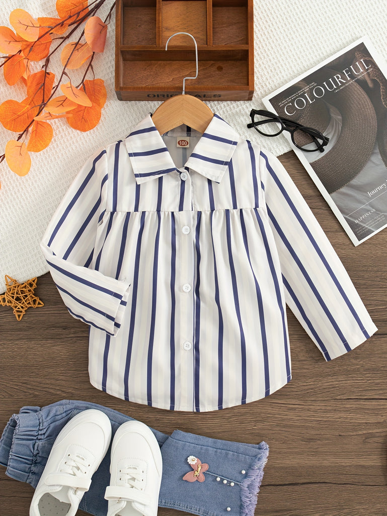 Casual Stripe Shirt For Girls, Button Down Collar Long Sleeve Shirt Top For Everyday