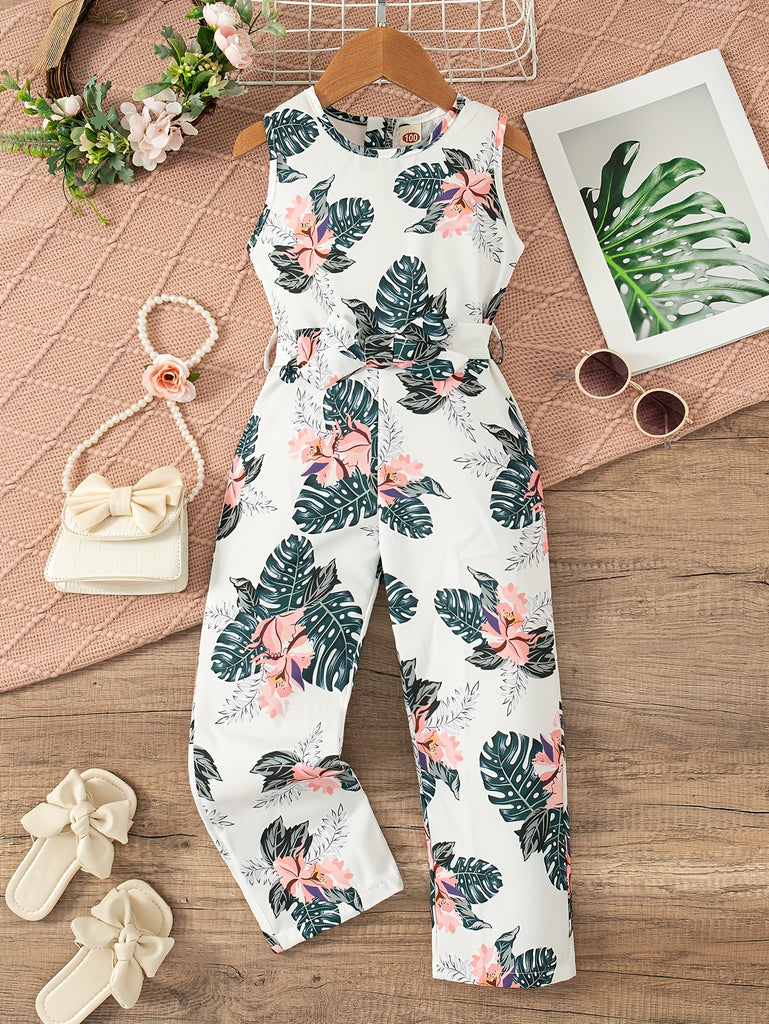 Trendy Girls Flower & Leaves Print Sleeveless Jumpsuit Romper With Bow Belt For Summer Gift