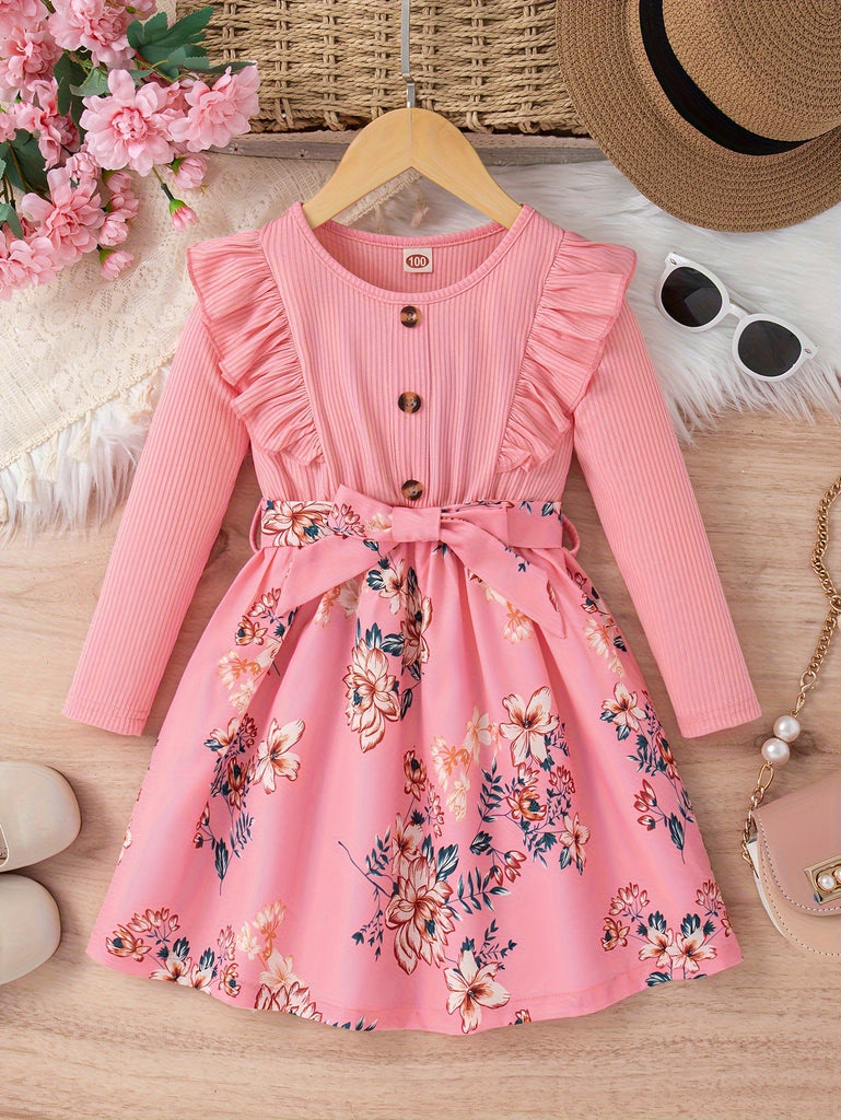 Girls Elegant & Sweet Long Sleeve Flutter Sleeve Flowers Pattern Belted Dress For Prom & Party & Ball