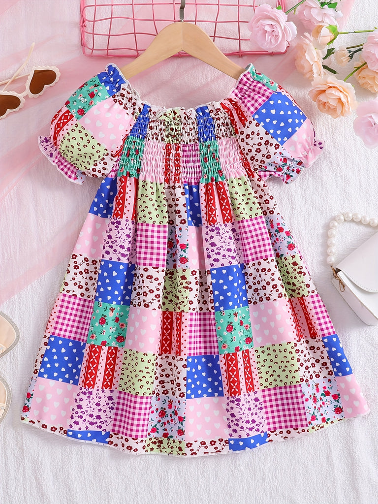 Toddler Girls Patchwork Graphic Puff Sleeve Princess Dress