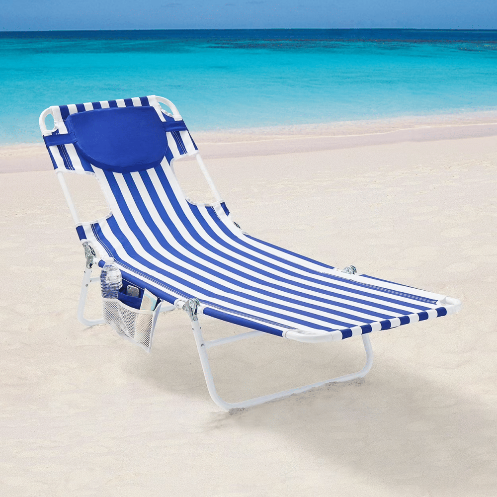 Face-Down Folding Beach Lounger with Backpack Straps, Blue & White Stripe