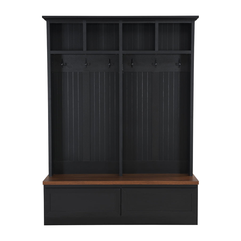Farmhouse 4-in-1 Hall Tree with Wood Grain Bench, Mudroom Versatile Coat Rack with 2 Large Drawer, Entrance Organizer for Hallway, Living Room, Black, 55.9"W