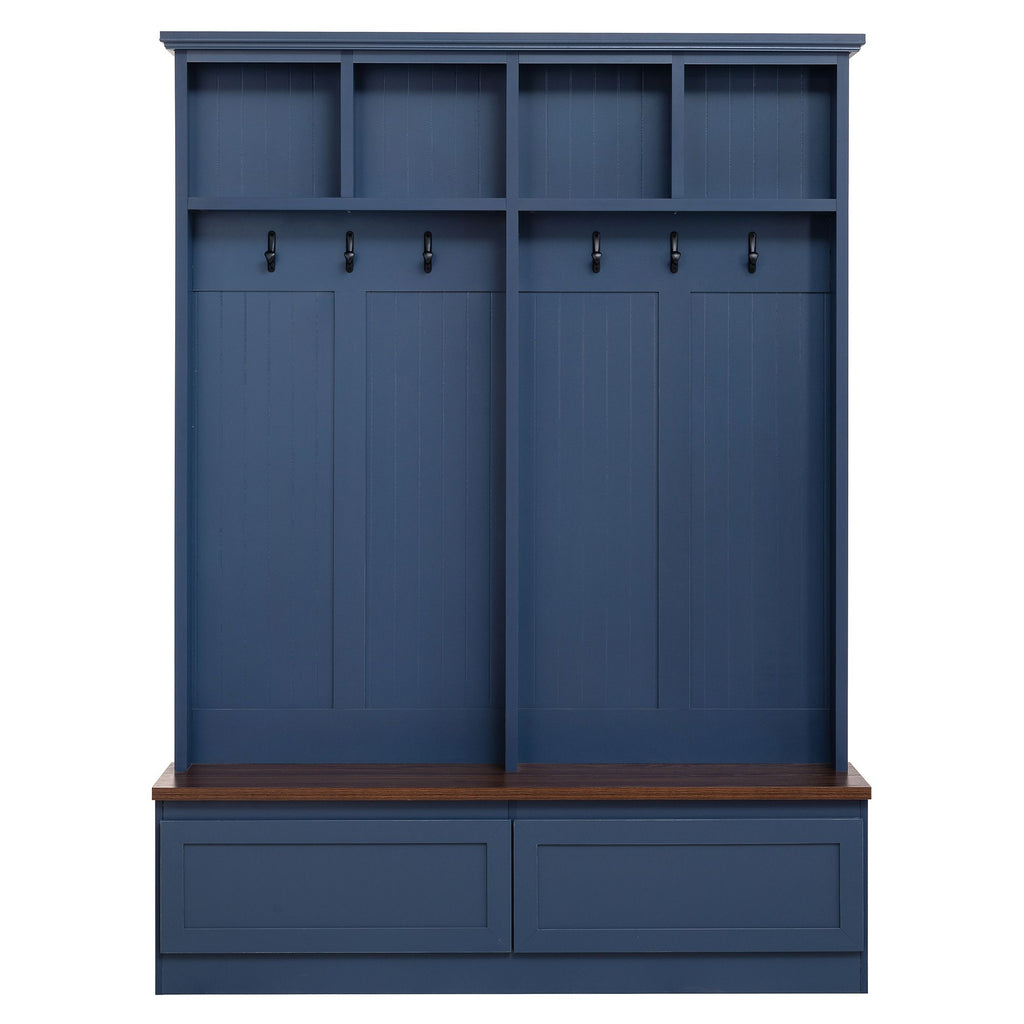 Farmhouse 4-in-1 Hall Tree with Wood Grain Bench, Mudroom Versatile Coat Rack with 2 Large Drawer, Entrance Organizer for Hallway, Living Room, Blue, 55.9"W