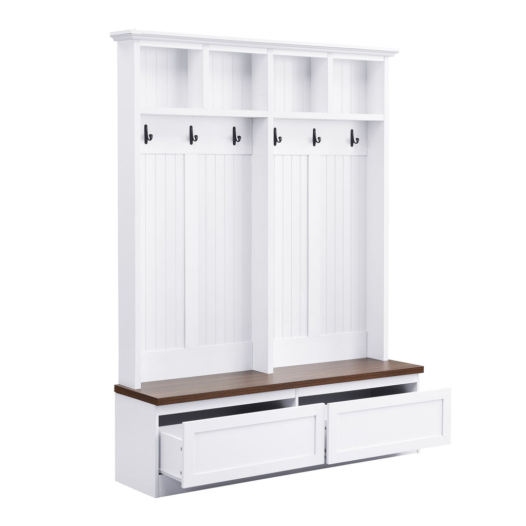 Farmhouse 4-in-1 Hall Tree with Wood Grain Bench, Mudroom Versatile Coat Rack with 2 Large Drawer, Entrance Organizer for Hallway, Living Room, White, 55.9"W