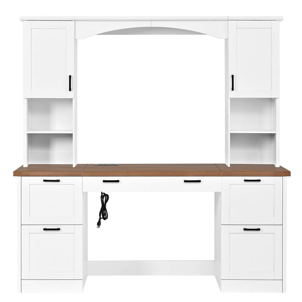 Farmhouse Arched Computer Desk with Hutch, Mid-Century Walnut Home Office Workstation with Charging Station & Keyboard Tray, All-in-One Writing Desk with File Drawer for Study, Office, White