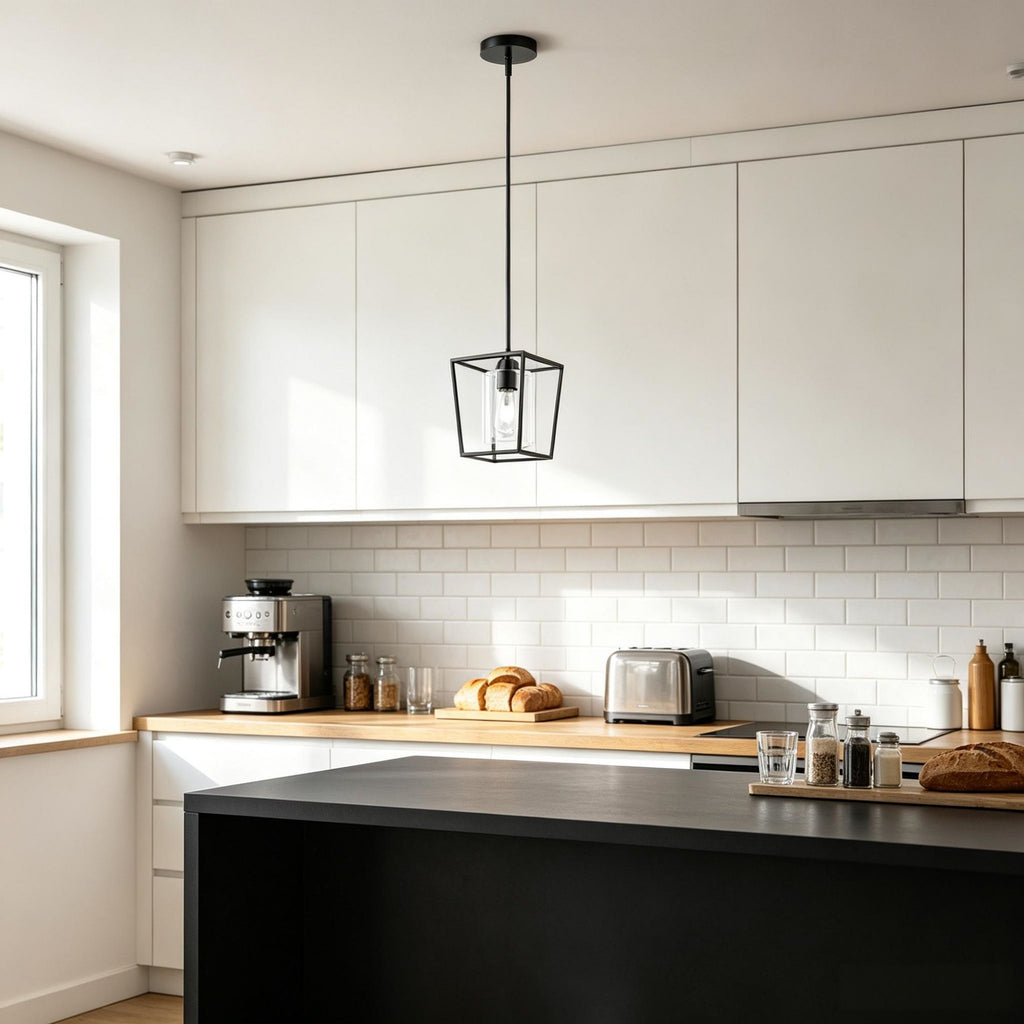 Farmhouse Black Pendant Light, 1-Light Iron Cage Metal Pendant with Clear Glass Shade, Hallway, Entryway & Kitchen, 1 Pack