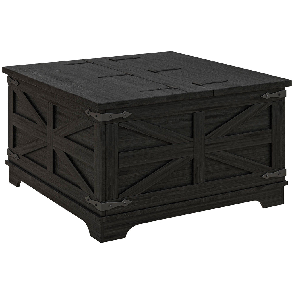 Farmhouse Cafe Table with Flip-top Lids Hidden Storage Distressed Black Square Center Table