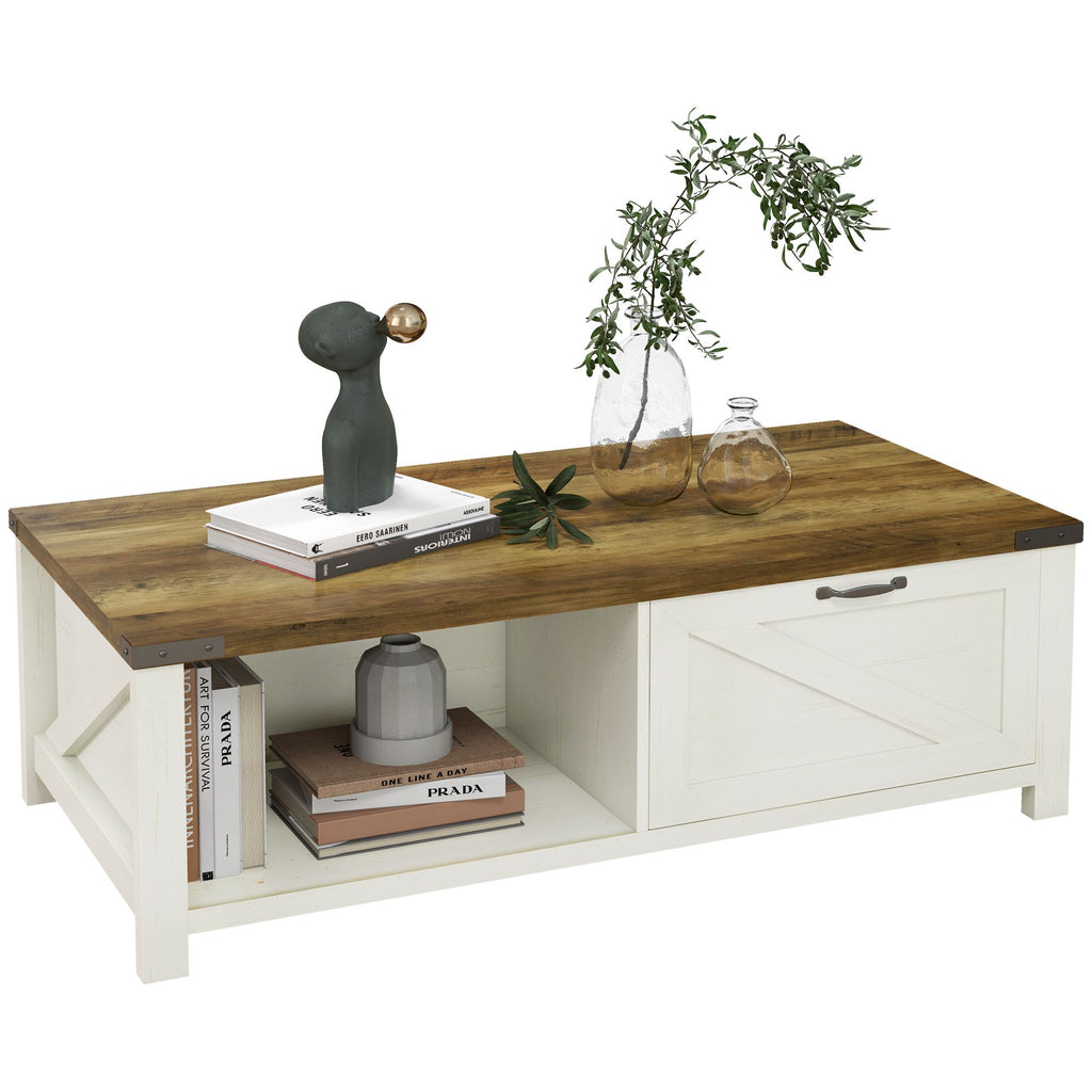 Farmhouse Coffee Table Drawer Storage Open Shelf White Oak for Modern Living Room