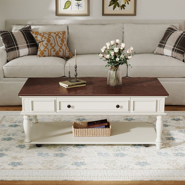 Farmhouse Coffee Table with One Drawer, Easy Assembly, Retro Movable Rectangular Cocktail Table with Lockable Wheels, Country Style Center Table with Solid Wood Legs for Living Room, Walnut+White