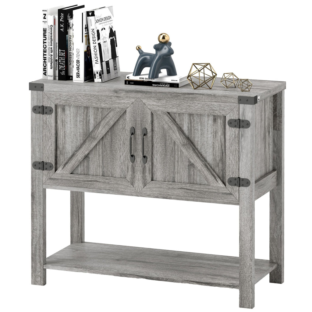 Farmhouse Double Door Coffee Bar Cabinet, Kitchen Cabinet with Bottom Shelf for Entryway, Living Room, Stone Gray