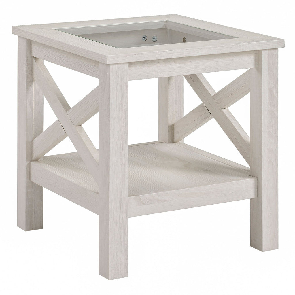Farmhouse End Table with Glass Top Storage Shelf Sofa Side Table White Oak for Bedroom Living Room