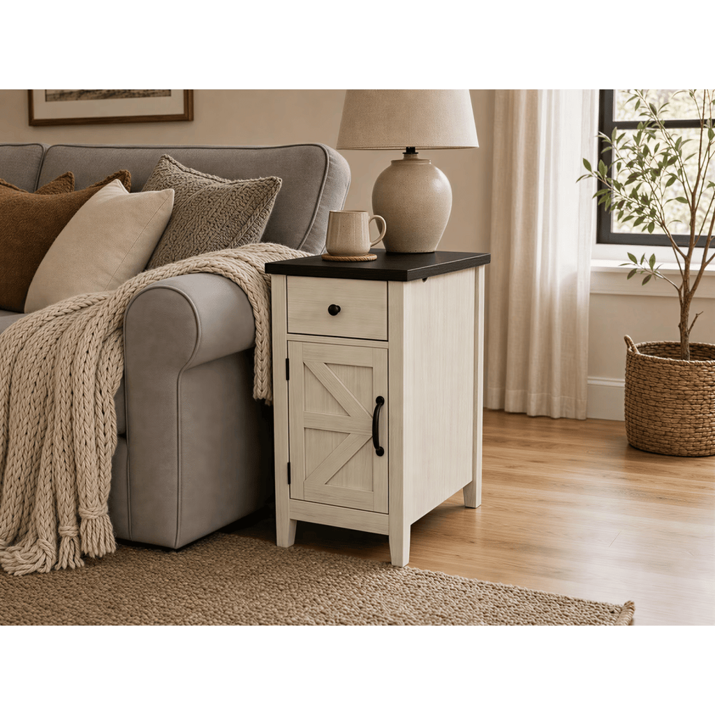 Farmhouse EndTablewith Charging Station, Nightstand with Barn Door and Drawer, BedsideTableforBedroom Living Room, White+Black
