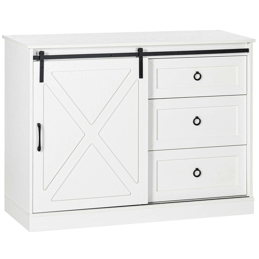 Farmhouse Kitchen Sideboard, Buffet Cabinet with Sliding Barn Door and 3 Storage Drawers for Living Room, White