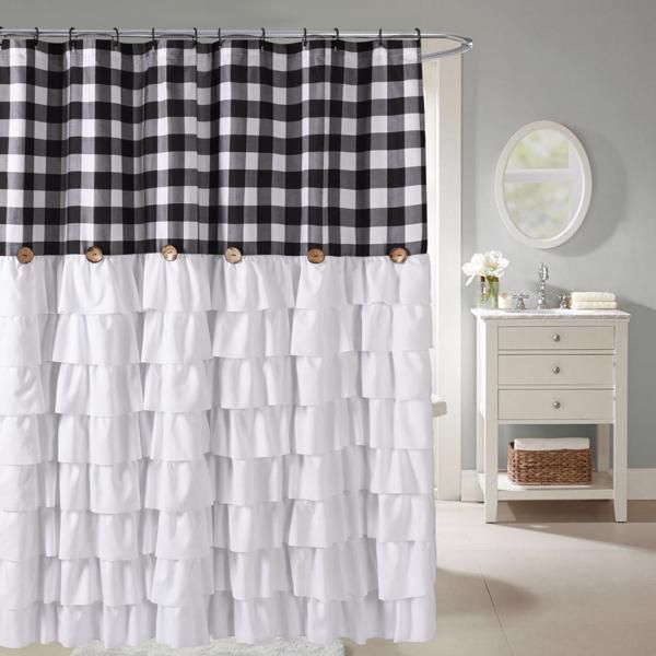Farmhouse Ruffle Buffalo Check Shower Curtain with Coconut Buttons
