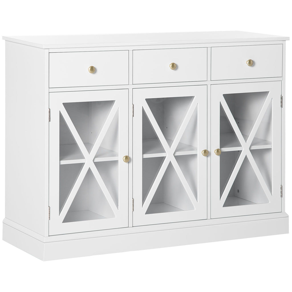 Farmhouse Style Buffet Sideboard White Coffee Bar Cabinet with Bronze Handles Glass Barn Door Magnetic Closure 3 Drawers