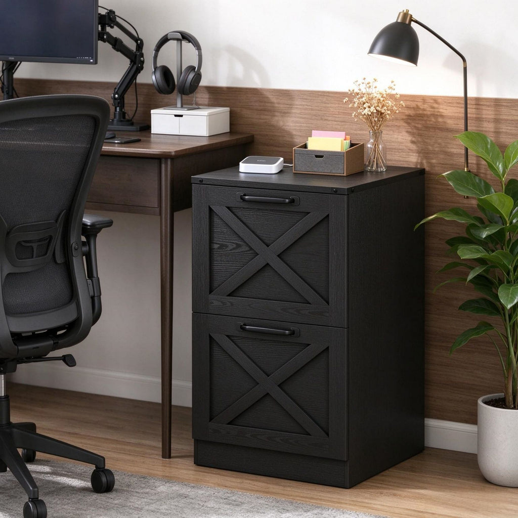 Farmhouse Vertical Printer Stand with X Pattern, 2-Drawer Storage Cabinet Fits Letter Files, Black
