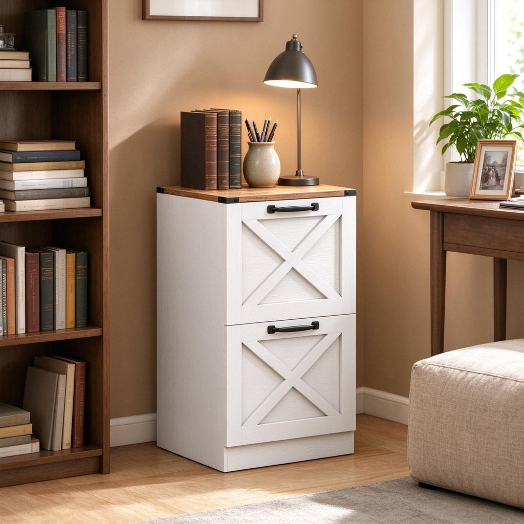 Farmhouse Vertical Printer Stand with X Pattern, 2-Drawer Storage Cabinet Fits Letter Files, White