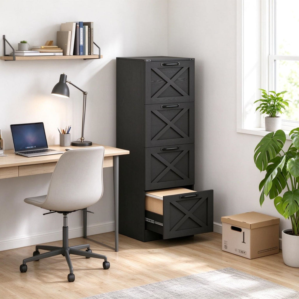 Farmhouse Vertical Printer Stand with X Pattern, 4-Drawer Storage Cabinet Fits Letter Files, Black