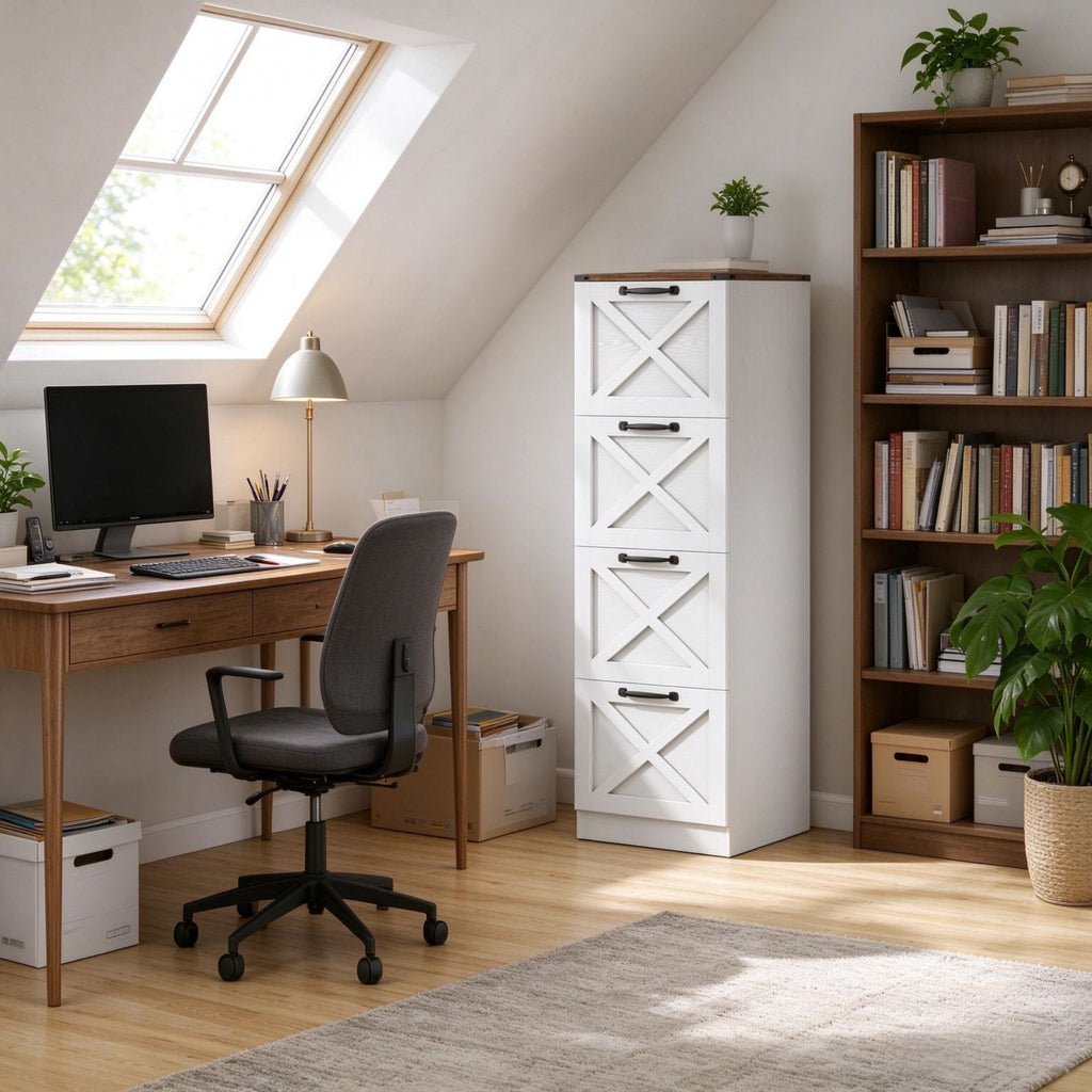 Farmhouse Vertical Printer Stand with X Pattern, 4-Drawer Storage Cabinet Fits Letter Files, White