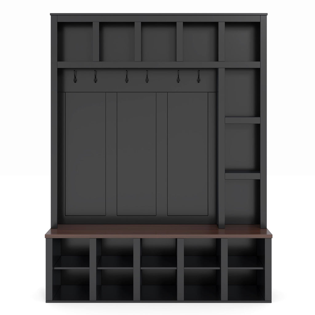 Farmhouse Wooden Hall Tree with 6 Hooks, Walnut Storage Bench with Adjustable Shelves, 4-in-1 Entryway Shoe Cabinet with Cubbies for Mudroom, Living Room, Black, 76.7"H