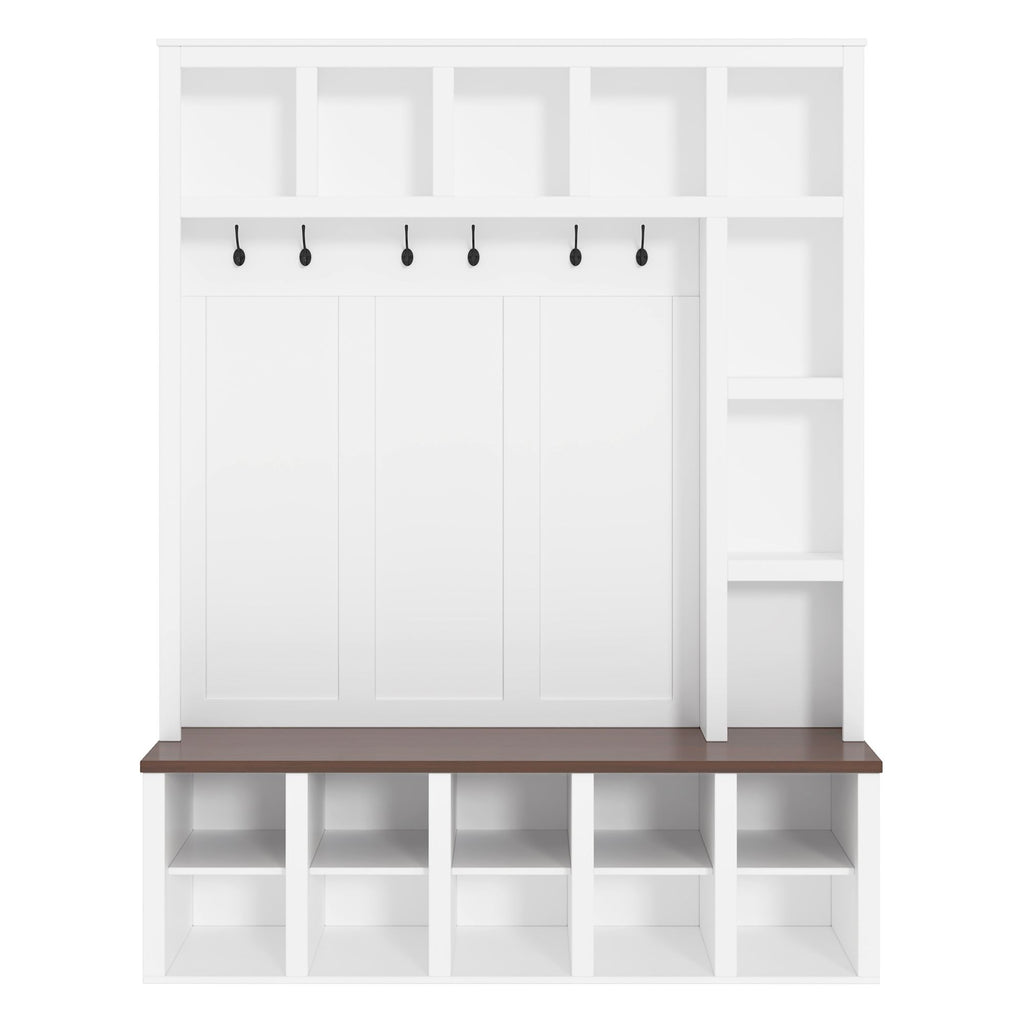 Farmhouse Wooden Hall Tree with 6 Hooks, Walnut Storage Bench with Adjustable Shelves, 4-in-1 Entryway Shoe Cabinet with Cubbies for Mudroom, Living Room, White, 76.7"H
