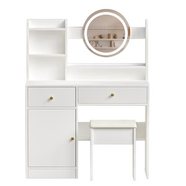 Fashion Vanity Desk with Mirror and Lights for Makeup and Cushioned Chair, Vanity Mirror with Lights and Table Set with 3 Color Lighting Brightness Adjustable,Dressing table, White