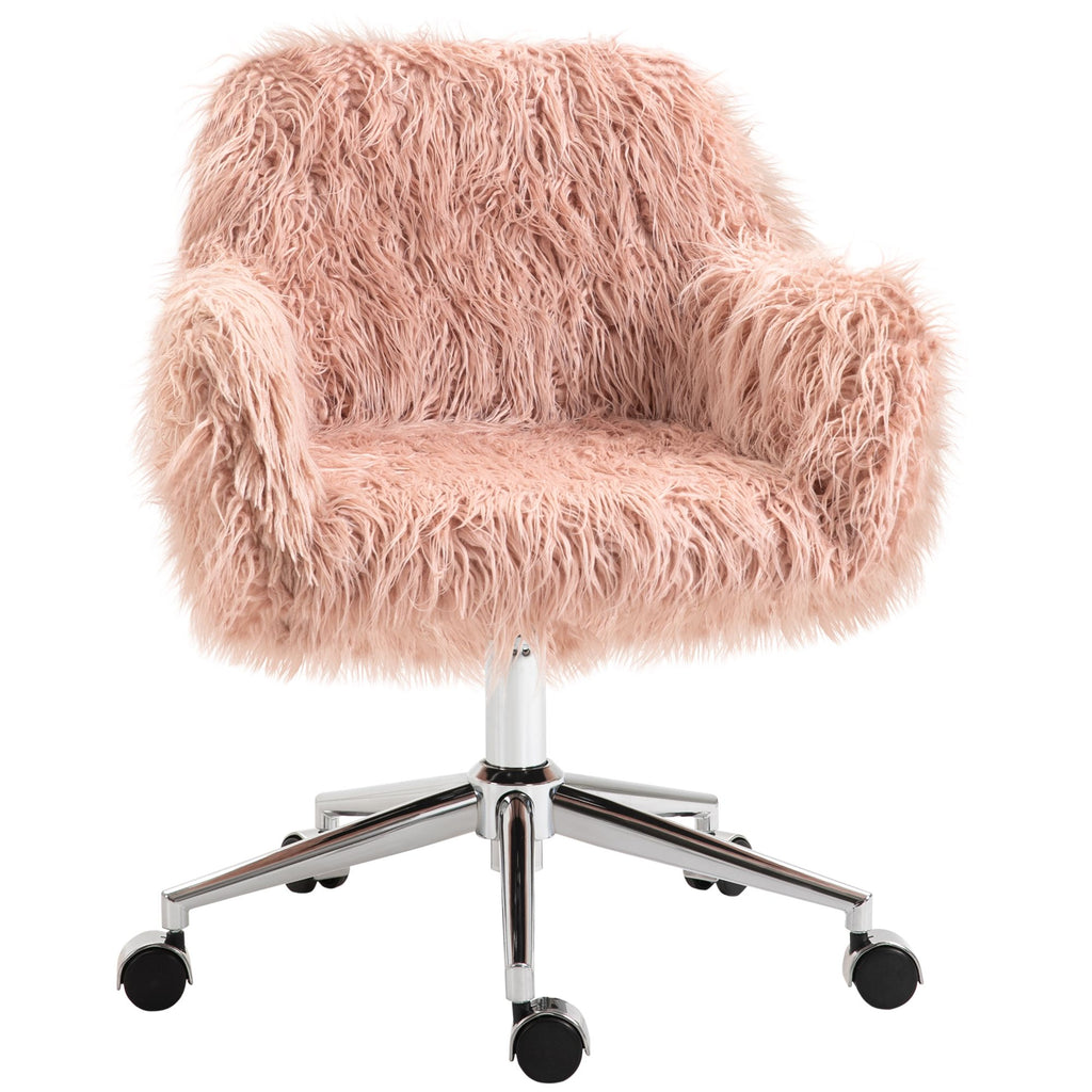 Faux Fur Desk Chair, Swivel Vanity Chair with Adjustable Height and Wheels for Office, Bedroom, Pink