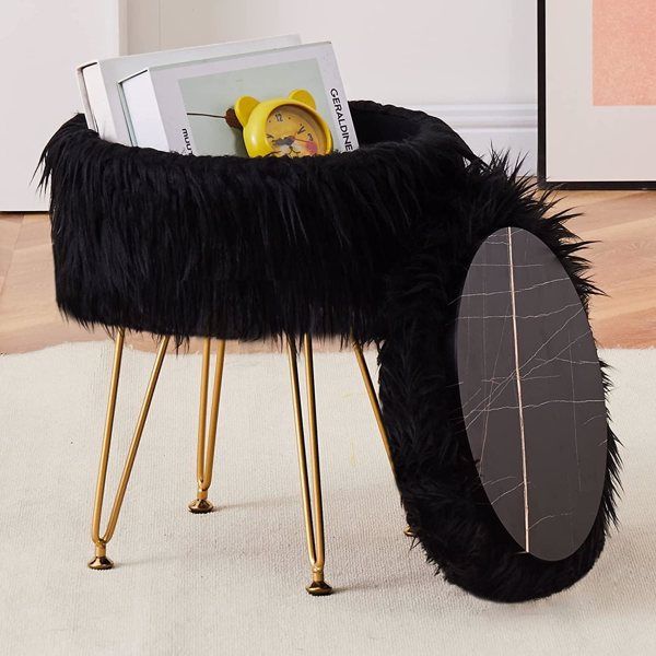 Faux Fur Storage Ottoman – Round Furry Vanity Stool with Marble Tray, Compact Footrest with 4 Metal Legs, Soft Makeup Seat & Coffee Table for Bedroom or Living Room Black