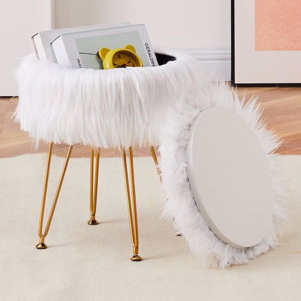 Faux Fur Storage Ottoman – Round Furry Vanity Stool with Marble Tray, Compact Footrest with 4 Metal Legs, Soft Makeup Seat & Coffee Table for Bedroom or Living Room White