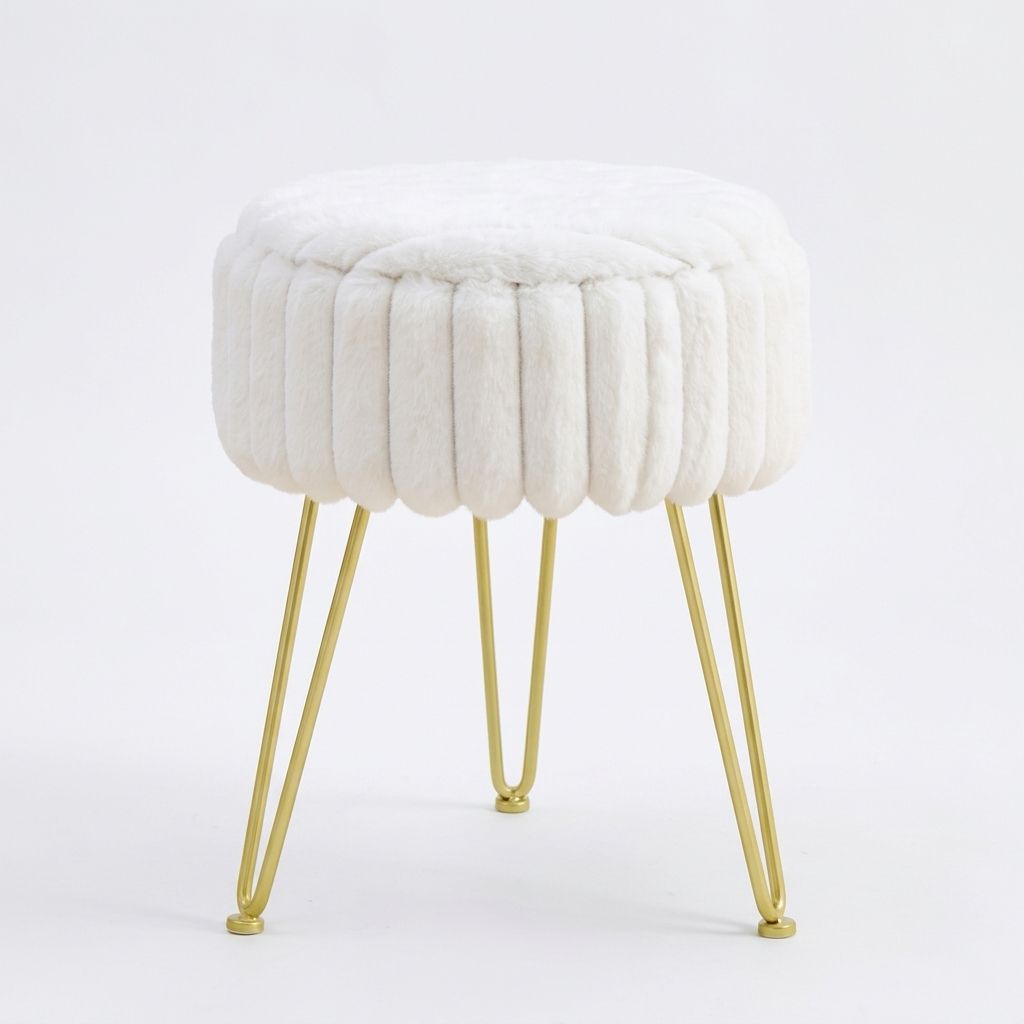Faux Fur Storage Ottoman – Vanity Stool with Metal Legs & Anti-Slip Feet Footstool for Bedroom