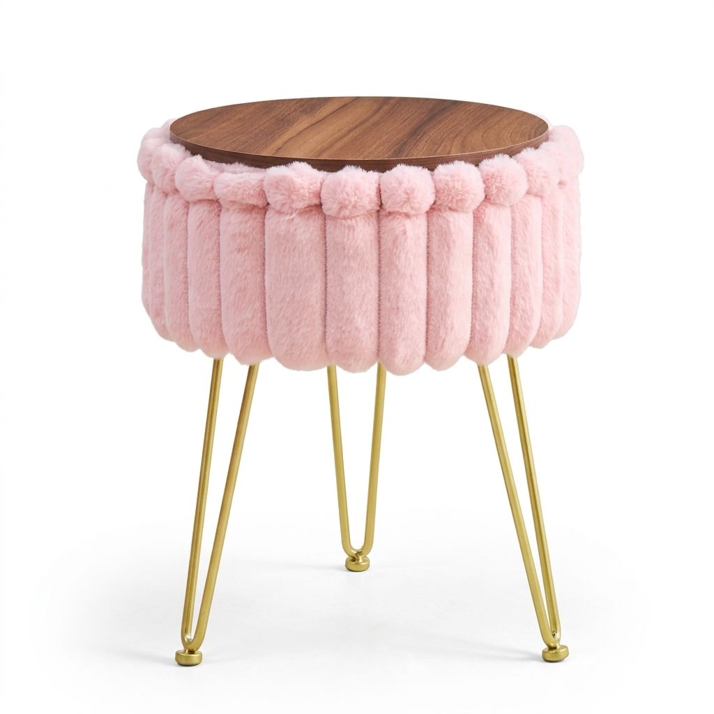 Faux Fur Storage Ottoman – Vanity Stool with Metal Legs & Anti-Slip Feet Footstool for Bedroom