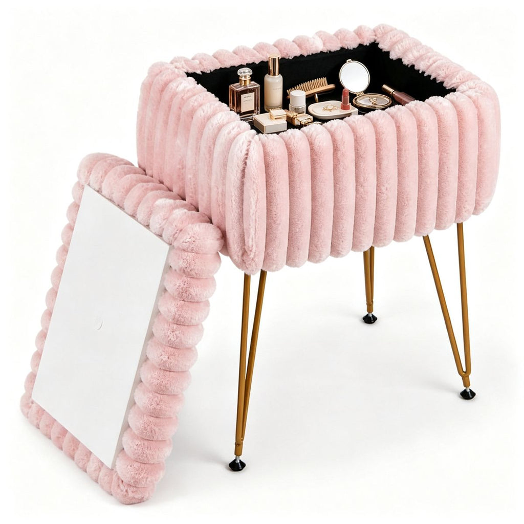 Faux Fur Vanity Stool with Hidden Storage, Reversible Lid Convertible Ottoman Stool, Gold Metal Legs Makeup Bench for Bedroom Entryway Living Room, 350lbs Weight Capacity