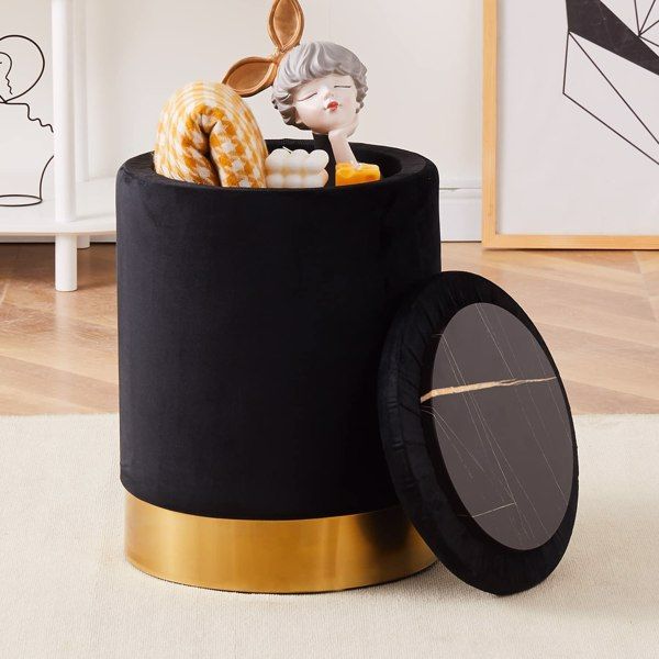 Faux Leather Round Storage Ottoman Footrest Stool with Gold-Plated Base Multipurpose Upholstered Foot Stools Vanity Chair Modern Pouf Ottoman with 23Qt Storage for Living Room Bedroom Black