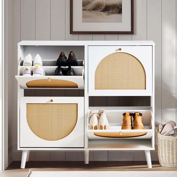 FCH 2 rows of 4 dump buckets with high feet round rattan shoe cabinet particle board + plastic rattan 105*24*98cm white frame + original wood rattan surface + gold high feet
