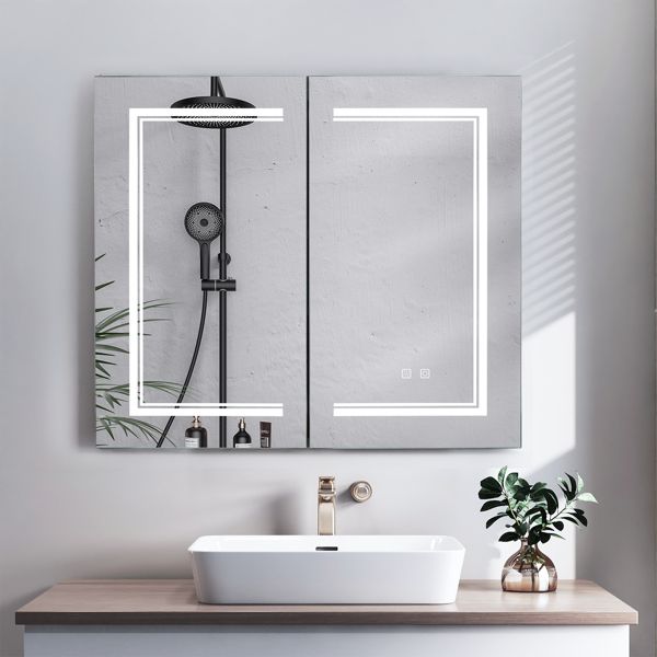FCH 32*28in OZON Board; 1 Door; 2 Layers; Led Light; Anti-Fog; Three-Color Lighting; Brightness Adjustment; Power-Off Memory; With 2 Plugs; 2 USB Ports; Bathroom Wall Cabinet; Black