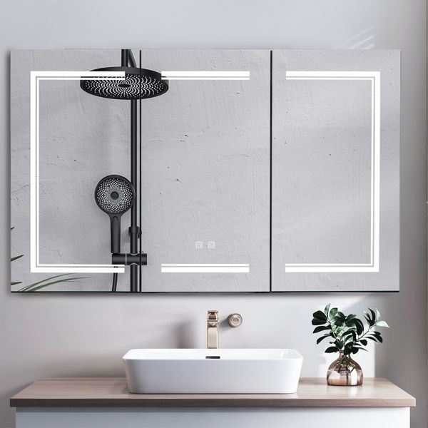 FCH 48*28in OZON Board; 1 Door; 2 Layers; Led Light; Anti-Fog; Three-Color Lighting; Brightness Adjustment; Power-Off Memory; With 2 Plugs; 2 USB Ports; Bathroom Wall Cabinet; Black