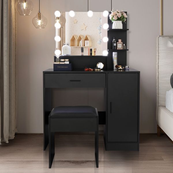 FCH Large Vanity Set with 10 LED Bulbs; Makeup Table with Cushioned Stool; 3 Storage Shelves 1 Drawer 1 Cabinet; Dressing Table Dresser Desk for Women; Girls; Bedroom; Black